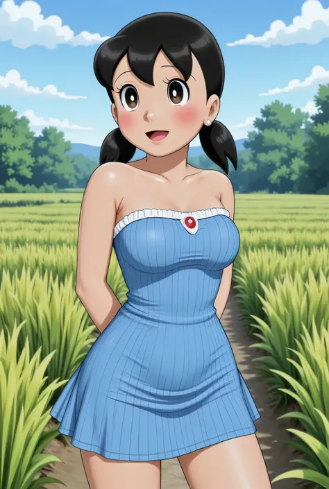 Visible female panties, front posing, ("Facial expression in Happy big Orgasm"), Both hands lying behind the back, (photorealistic:1.6) background rice paddy. daytime atmosphere, (((please don't showing any finger!!!))), (BARING DIATAS TIGA HUGE TEDDY BEA...