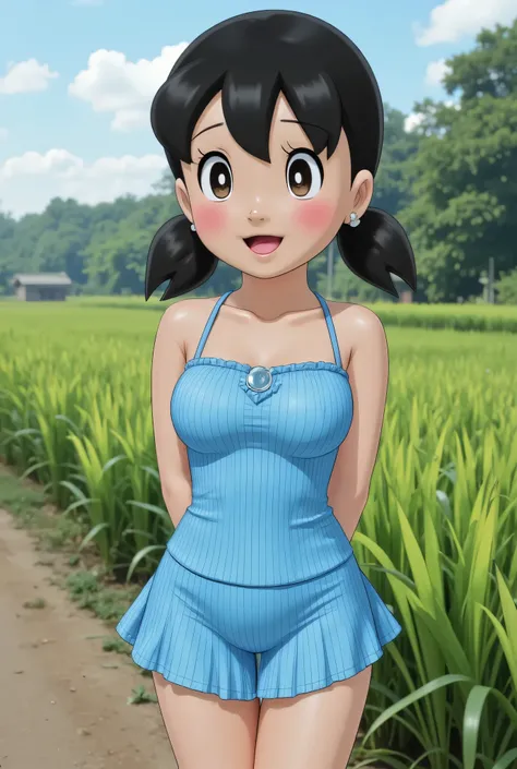 Visible female panties, front posing, ("Facial expression in Happy big Orgasm"), Both hands lying behind the back, (photorealistic:1.6) background rice paddy. daytime atmosphere, (((please don't showing any finger!!!))), (BARING DIATAS TIGA HUGE TEDDY BEA...