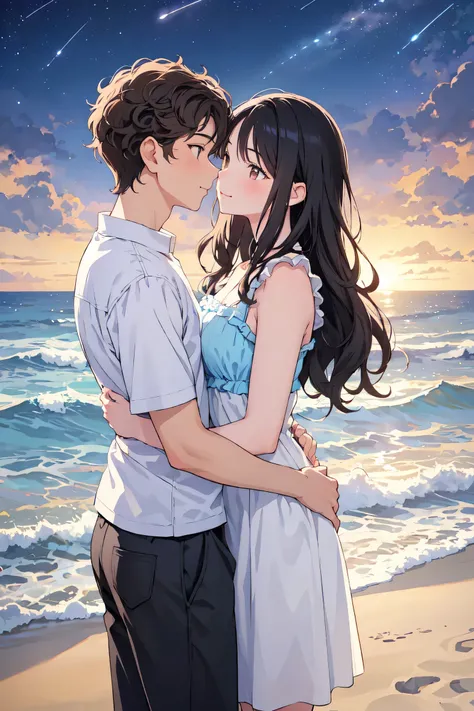 “Painting of two lovers their first anniversary. They are looking at the shooting stars at the beach. The girl has long wavy black hair and the boy has medium-short brown curly hair, black and white coloring page