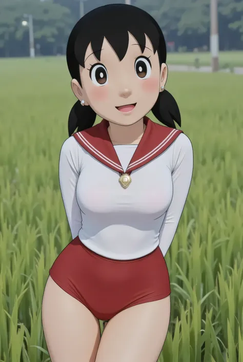 Visible female panties, front posing, ("Facial expression in Happy big Orgasm"), Both hands lying behind the back, (photorealistic:1.6) background rice paddy. daytime atmosphere, (((please don't showing any finger!!!))), (BARING DIATAS TIGA HUGE TEDDY BEA...