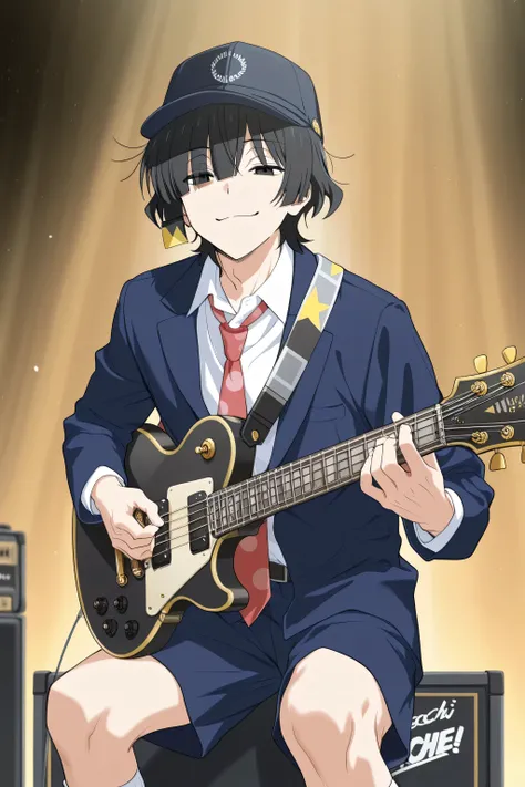 1male,solo,black hair,messy hair,black eyes,smug face,navy blue shortsuit,white shirt,red necktie,Black cap,white sock,black shose,muscle,playing guitar,Black guitar,gibson sg angus young,on stage,BOCCHI THE ROCK!