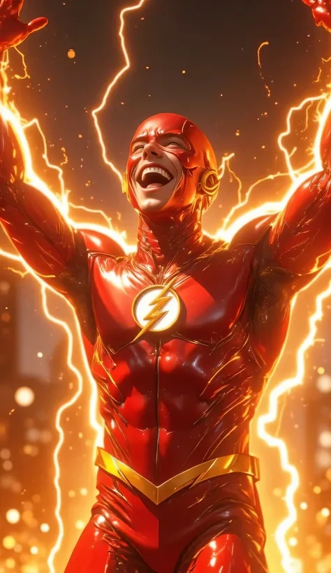 A hyper-realistic, ultra-detailed 8K cinematic shot of The Flash (Barry Allen) celebrating joyfully, surrounded by arcs of golden-orange lightning from the Speed Force. He is wearing his full red superhero suit, grinning widely with excitement. His arms ar...