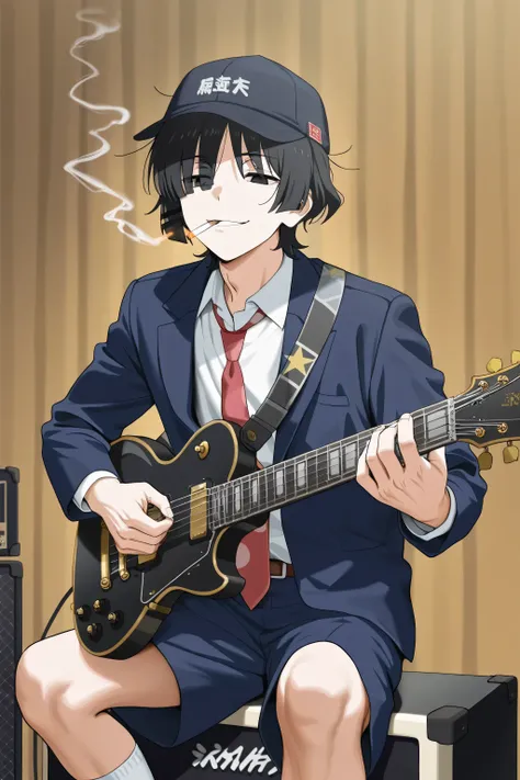 1male,solo,black hair,messy hair,black eyes,smug face,navy blue shortsuit,white shirt,red necktie,Black cap,white sock,black shose,muscle,playing guitar,Black guitar,gibson sg angus young,on stage,smoking,cigarette,BOCCHI THE ROCK!