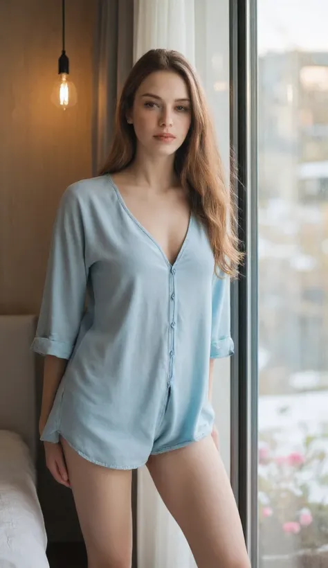 A beautiful 30-year-old European woman，Appeared in an elegant、In a modern bedroom。She has long golden brown hair， is well-shaped，Wears a soft blue loungewear。The bedroom is simply and warmly decorated，Soft morning light shines through floor-to-ceiling wind...