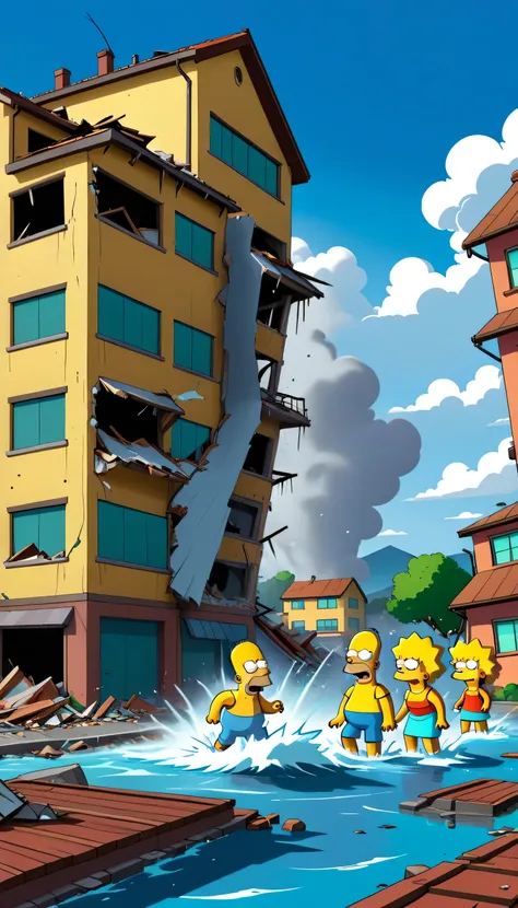 highdefinition images、animation、The Simpsons、while they were out with a family of 4 who escaped after being hit by an earthquake、A building collapses in the distance and water blows through、Panoramic Images