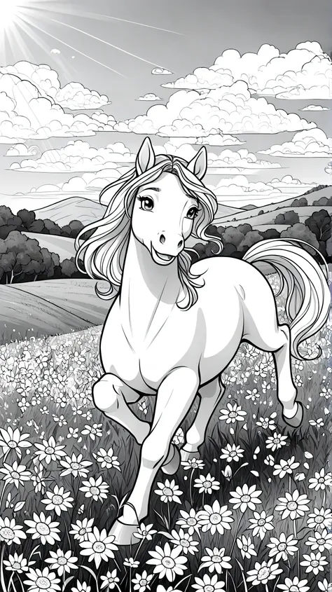 Black-and-white line art illustration for a children’s coloring book of a cute horse galloping through a flower-filled meadow on a sunny day.