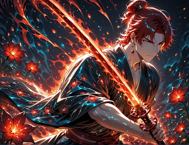 1boy, red hair, tied hair, red eyes, rectangle earrings, black kimono with red flower patterns, dynamic pose, dynamic composition, katana, sword slash effect, sword aura, ink background, ink splats, bioluminescent elements, magical light, glow bioluminesce...