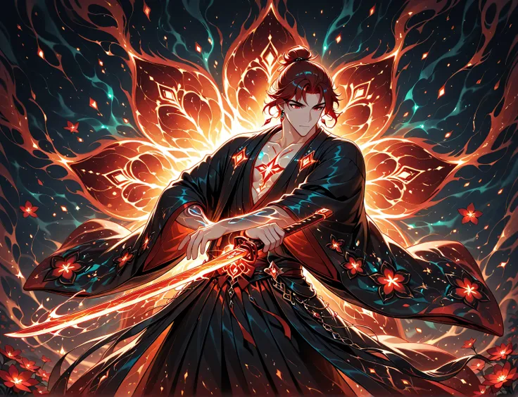 1boy, red hair, tied hair, red eyes, rectangle earrings, black kimono with red flower patterns, dynamic pose, dynamic composition, katana, sword slash effect, sword aura, ink background, ink splats, bioluminescent elements, magical light, glow bioluminesce...