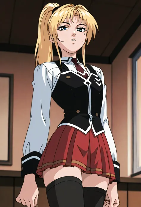 score_9, score_8_up, score_7_up, 1girl, Waybright, blonde hair, ponytail,mole under eye, flat chest, narrow waist, wide hips, looking at viewer, highres, high quality, masterpiece, <lora:Sasha_Waybright:1,masterpiece,best quality,amazing quality,absurdres,...