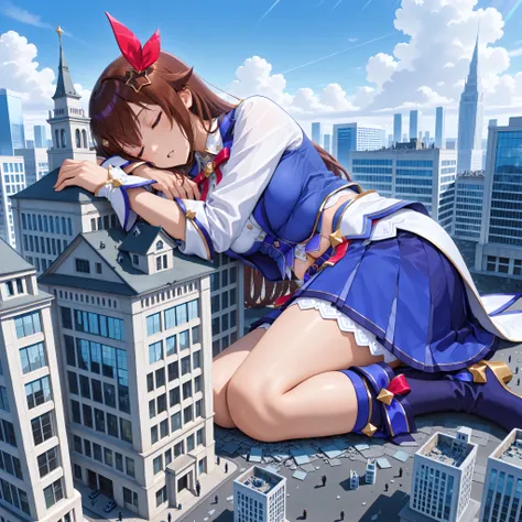 masterpiece, best quality, great quality, very fine,"Tokino Sora" are sleeping in each other's arms, The gigantic "Tokino Sora"  towering higher than any building, Miniature cities, ruined miniature cities
