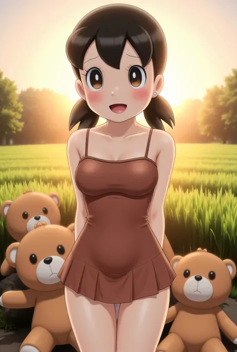 Cute Small, Visible female panties, front posing, ("Facial expression in Happy big Orgasm"), Both hands lying behind the back, (photorealistic:1.6), background rice paddy. Waktu Senja atmosphere, (((please don't showing any finger!!!))), (BARING DIATAS TIG...