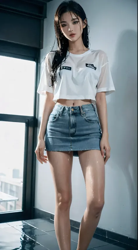 (One girl),  (Android 18), (Her body and eyes face forward), ((She sat on the steps of the driveway outside the building and lifts one side of her denim mini skirt)), ((Intentionally holding the hem of the skirt with the one hand and pushing it up)), ((Her...