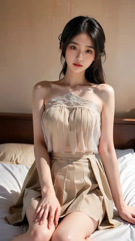 one Asian woman (ethnicity:1.2), (detailed clothing:1.2), ((large breast)), (accessories:1.1), (detailed skin texture:1.2), (facial features:1.3), (expression:1.2), (body type:1.1), (pose:1.eated on a bed, (upper body nude), wearing gray underwear and blac...