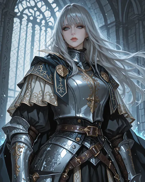 (semi-realistic), (ultra-detailed), 16k resolution, waist-up shot, fantasy setting, elegant and battle-hardened female knight with a composed and mature presence, appearing in her late twenties, silver hair with soft front bangs and subtle volume, calm ste...