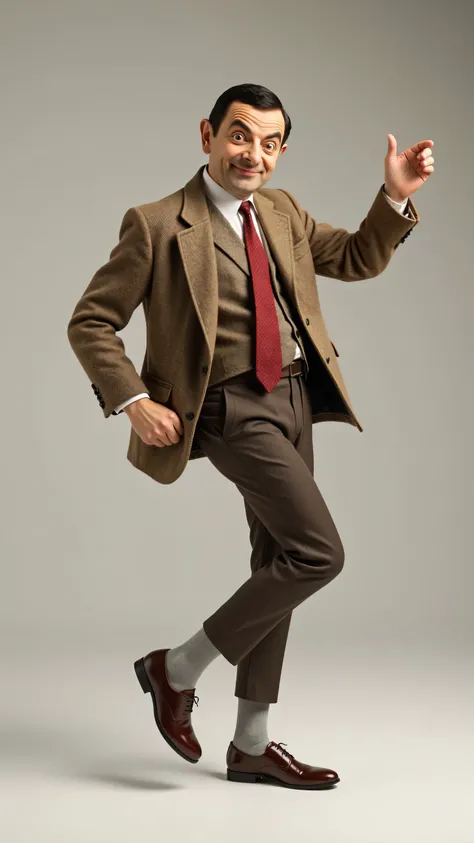 (realistic British man resembling Mr. Bean:1.5), photorealistic style, ultra-realistic lighting and skin texture, age 40, standing sideways to the viewer, head turned toward the camera, humorous soft smile, one leg raised forward at 90 degrees in a playful...