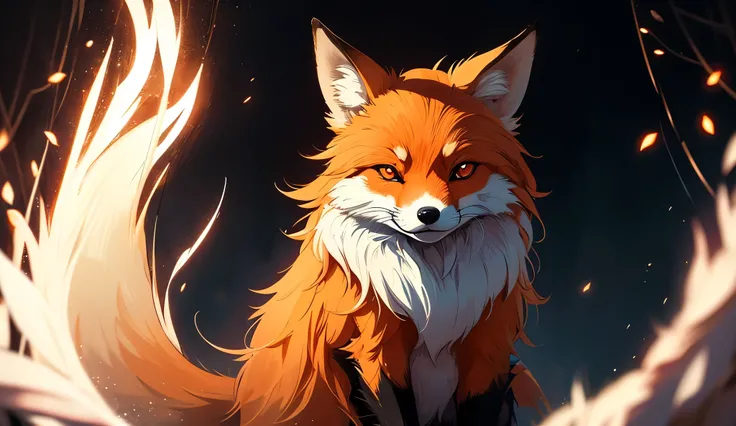 An anime-style red fox sitting upright in complete darkness, with glowing red eyes. The background is pitch black, and the fox’s silhouette is softly illuminated. The fox has bright orange fur, a white chest and inner face, and black legs and ears. Its lar...