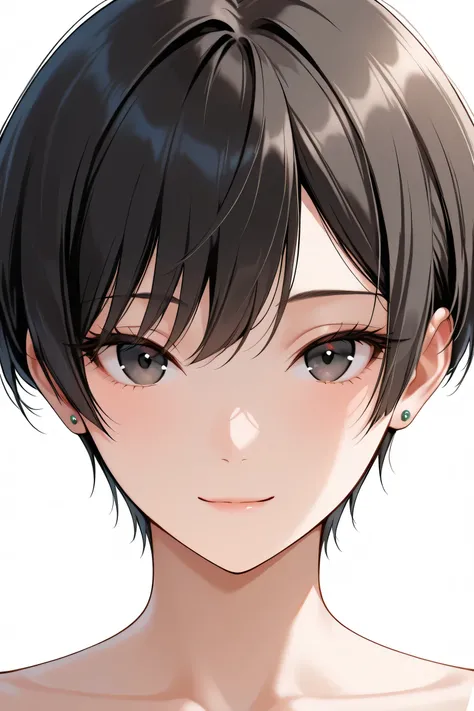 Cute anime-style 1girl, Masterpiece, best quality, ultra-detailed, 8k resolution, face shot, Straight-on, looking at viewer, light smile, short choppy messy pixie cut black hair(0.3), delicate strands, silky smooth hair, glossy highlights, Brilliant skin,...