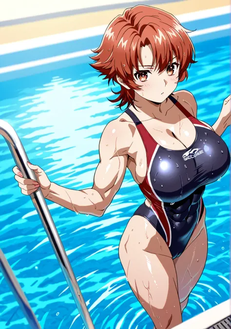 score 9 、score 8 up、score 7 up、source anime、傑作、best quality、best resolution、best image quality、anime coloring、1woman、natsuki rin、short red hair、short brown hair、brown eyes、flipped hair、spiked hair、solo、anime woman is wearing a black and red swimsuit、anime ...