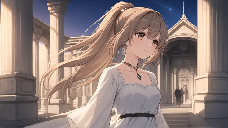 A upper body mystical illustration of a woman with a light chestnut brown ponytail and light chestnut brown eyes, wearing a dress, in a temple with only pillars. The night sky shows a half-Earth.