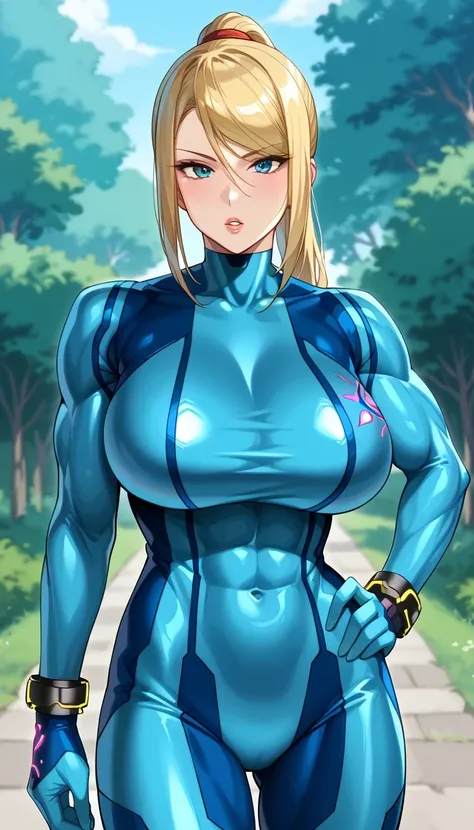 傑作、Best quality、1woman、ZSSamus、blonde hair、ponytail hair、strong muscles、ponytail hair、blue eyes、body suit、zero suit、blue body suit、blue clothes、gigantic breasts、muscular and strong、very large breasts、blue pantynose、long sleeves、blue gloves、bracelet、upper b...