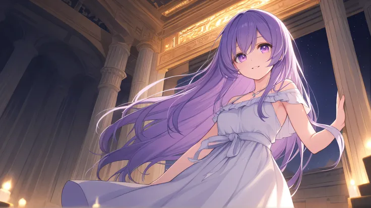 A mystical upper body illustration of a woman with long, wavy, purple hair and purple eyes, wearing a dress, in a temple with only pillars. The night sky shows a half-Earth.