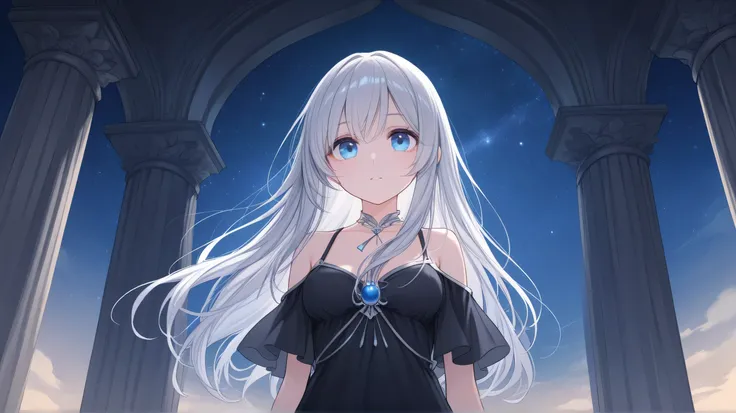A mystical upper body illustration of a woman with long, wavy, silver hair and blue eyes, wearing a dress, in a temple with only pillars. The night sky shows a half-Earth.
