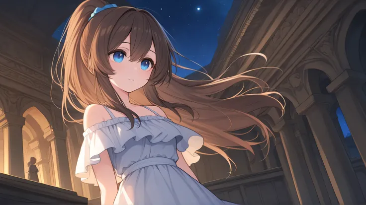 A mystical upper body illustration of a woman with a brown ponytail and blue eyes, wearing a dress, in a temple with only pillars. The night sky shows a half-Earth.