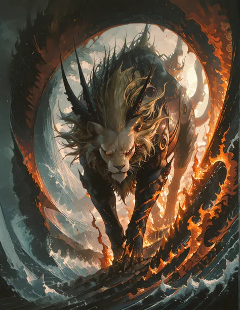 A legendary lion with a flowing, dynamic mane inspired by the wave patterns of Hokusai’s “The Great Wave off Kanagawa”, each strand moving like crashing surf. The lion is wreathed in flames, which curl and flicker around its powerful body without harming i...