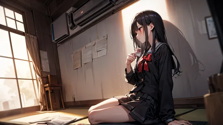 a striking cinematic portrait of a Japanese high school girl in a dark school uniform, sitting alone on the floor of a dimly lit room, her mouth covered with a glitching censor bar showing “×××” in red, holding a small bloody razor in one hand, her express...