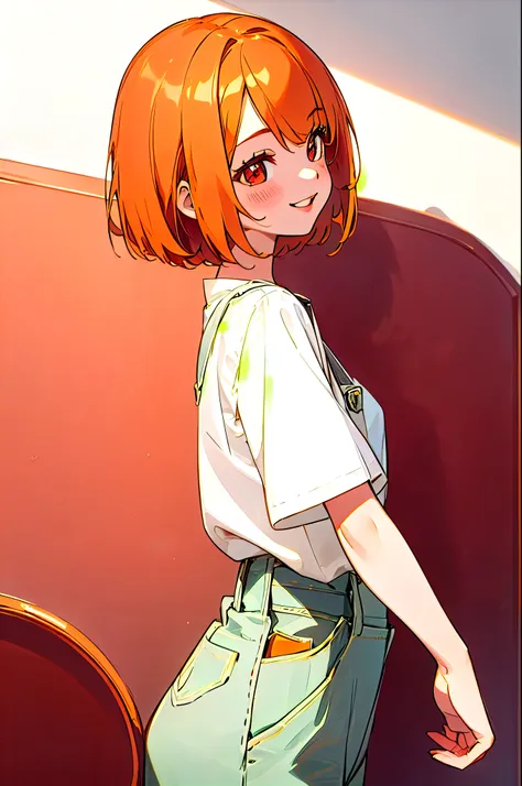 One female shrimp monster、solo、orange hair、bob hair、beautiful red eyes、Open Lips、Smile Yan、From the side、cowboy shot、overalls 、 white shirt 、 bright kitchen background 、bright environment with directional lights、Very Detailed、Soft Shadows、Expertly crafted ...
