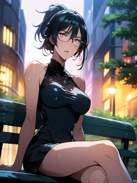 nsfw、animation、Highest image quality、high resolution、highest masterpiece、one woman、(((Sitting with her upper body raised)))、silver hair、long hair、ponytails、(((wearing glasses)))、(((pink eyes)))、small breasts、(((slim figure)))、dark blue short dress、(((see-t...