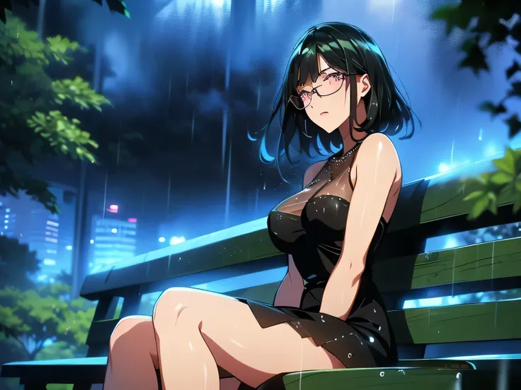 nsfw、animation、Highest image quality、high resolution、highest masterpiece、one woman、(((Sitting with her upper body raised)))、silver hair、long hair、ponytails、(((wearing glasses)))、(((pink eyes)))、small breasts、(((slim figure)))、dark blue short dress、(((see-t...