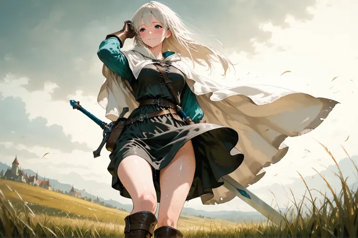 masterpiece, 8k, fantasy world, female character, 1girl, high detailed black cotton tunic, (wind blows skirt up:1.5), leather gloves, leather boots, slender body, medium breasts, white long cloak with hoodie, long hairstyle, thin blond hair, many items, ci...