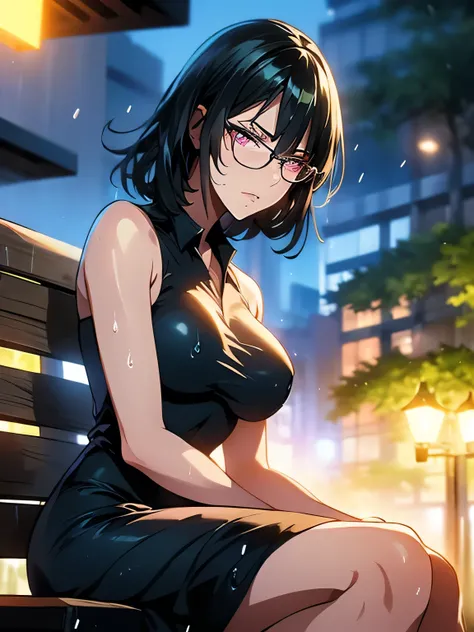 nsfw、animation、Highest image quality、high resolution、highest masterpiece、one woman、(((Sitting with her upper body raised)))、silver hair、long hair、ponytails、(((wearing glasses)))、(((pink eyes)))、small breasts、(((slim figure)))、dark blue short dress、(((see-t...