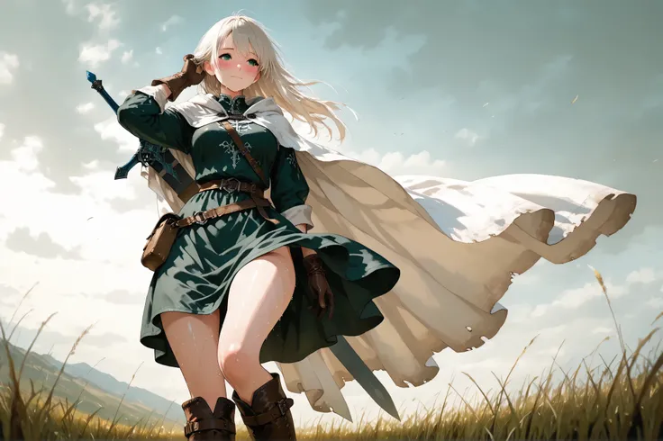 masterpiece, 8k, fantasy world, female character, 1girl, high detailed black cotton tunic, (wind blows skirt up:1.5), leather gloves, leather boots, slender body, medium breasts, white long cloak with hoodie, long hairstyle, thin blond hair, many items, ci...