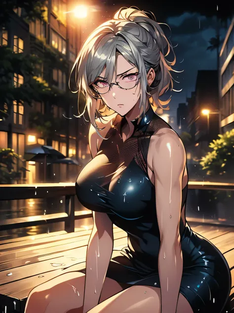 nsfw、animation、Highest image quality、high resolution、highest masterpiece、one woman、(((Sitting with her upper body raised)))、(((silver hair)))、long hair、ponytails、(((wearing glasses)))、(((pink eyes)))、small breasts、(((slim figure)))、dark blue short dress、((...
