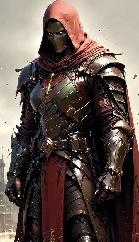 Anime art,Midjourney style,chargen_stylised_illustration, Viking Warrior, leather Armor, Viking style, cloak, modern-medieval mix, young man, hooded, mask, cool, slim physique, anime aesthetic, smooth, warrior staff, full face mask, smooth faceless mask, b...