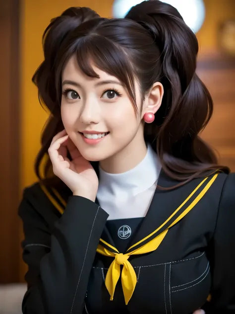 Kujikawarise, kujikawadef, twintails, ((school uniform, black serafuku)), long sleeves, skirt, thighhighs, jewelry, earrings,
1girl, solo, cute Japanese girl, hightschool girl, (smile:1.3), natural makeup, highlighting her clear skin and subtle eye shadow,...