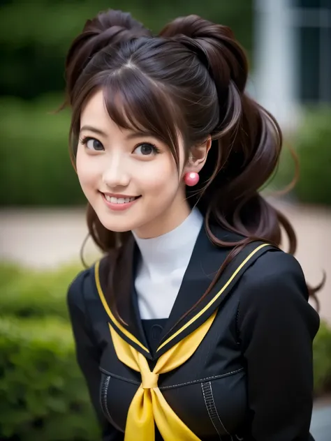 Kujikawarise, kujikawadef, twintails, ((school uniform, black serafuku)), long sleeves, skirt, thighhighs, jewelry, earrings,
1girl, solo, cute Japanese girl, hightschool girl, (smile:1.3), natural makeup, highlighting her clear skin and subtle eye shadow,...