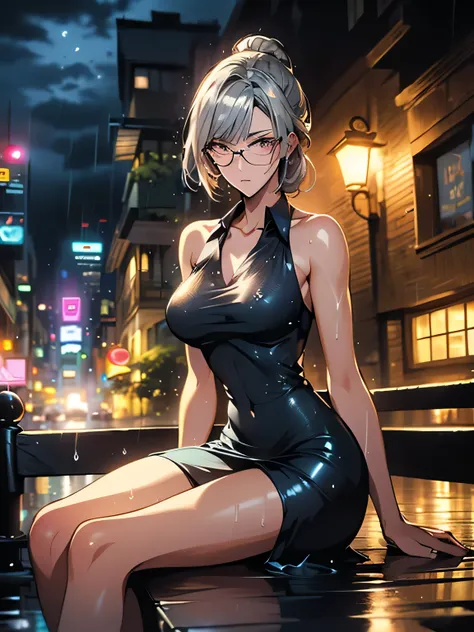 nsfw、animation、Highest image quality、high resolution、highest masterpiece、one woman、(((sitting with legs spread out)))、(((silver hair)))、long hair、ponytails、(((wearing glasses)))、(((pink eyes)))、small breasts、(((slim figure)))、dark blue short dress、(((see-t...