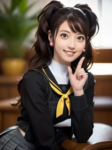 Kujikawarise, kujikawadef, twintails, ((school uniform, black serafuku)), long sleeves, skirt, thighhighs, jewelry, earrings, (naked shirt),
1girl, solo, cute Japanese girl, hightschool girl, (smile:1.3), natural makeup, highlighting her clear skin and sub...