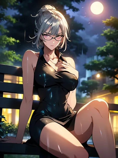 nsfw、animation、Highest image quality、high resolution、highest masterpiece、one woman、(((sitting with legs spread out)))、((( I'm putting my hand on my crotch)))、(((silver hair)))、long hair、ponytails、(((wearing glasses)))、(((pink eyes)))、small breasts、(((slim ...