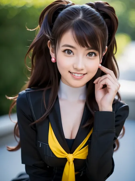 Kujikawarise, kujikawadef, twintails, ((school uniform, black serafuku)), long sleeves, skirt, thighhighs, jewelry, earrings, (naked shirt),
1girl, solo, cute Japanese girl, hightschool girl, (smile:1.3), natural makeup, highlighting her clear skin and sub...