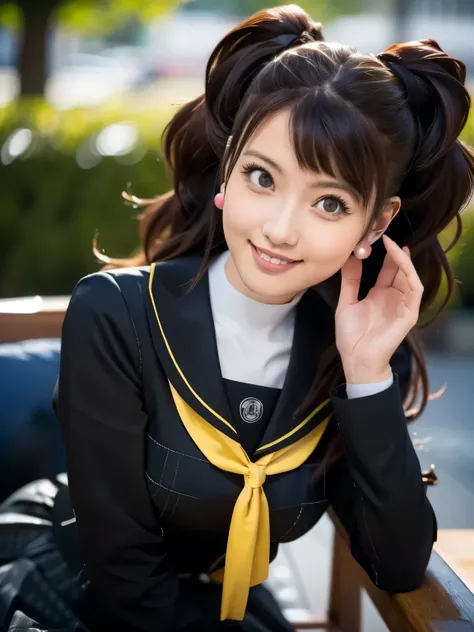 Kujikawarise, kujikawadef, twintails, ((school uniform, black serafuku)), long sleeves, skirt, thighhighs, jewelry, earrings, (naked shirt),
1girl, solo, cute Japanese girl, hightschool girl, (smile:1.3), natural makeup, highlighting her clear skin and sub...