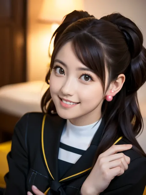 Kujikawarise, kujikawadef, twintails, ((school uniform, black serafuku)), long sleeves, skirt, thighhighs, jewelry, earrings, (naked shirt),
1girl, solo, cute Japanese girl, hightschool girl, (smile:1.3), natural makeup, highlighting her clear skin and sub...