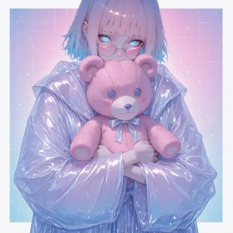 girl ( Naruto Hinata), Lies and hugs (dokimakuru monster), In the background (delicate shades), hugs a teddy bear, dressed (in a sexy Japanese-style cyber robe), hair (gradient)(square), blue-eyed , 8 k (kachestvo, detail, Rendering, тотальная detail, 3Д...