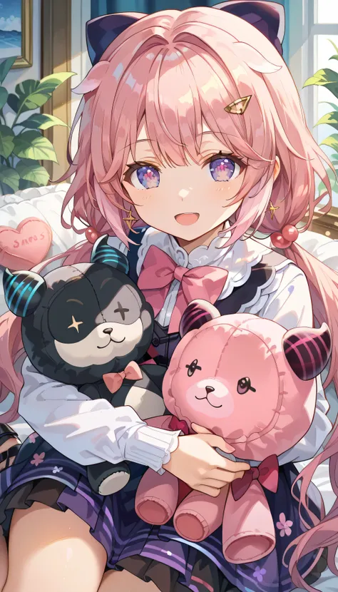  1 girl  ,
score_9,score_8_ up,score_7_ up,encore_(storm _wave),  1 girl  , Purple_eye, pink_hair,alone,smile,open_mouth,length_hair,stupid hair, watching_in_viewer,low_ twin tails,bowtie,hair_ intakes ,  virtual  _ YouTuber on shi,hairclip,, upper_body,I...