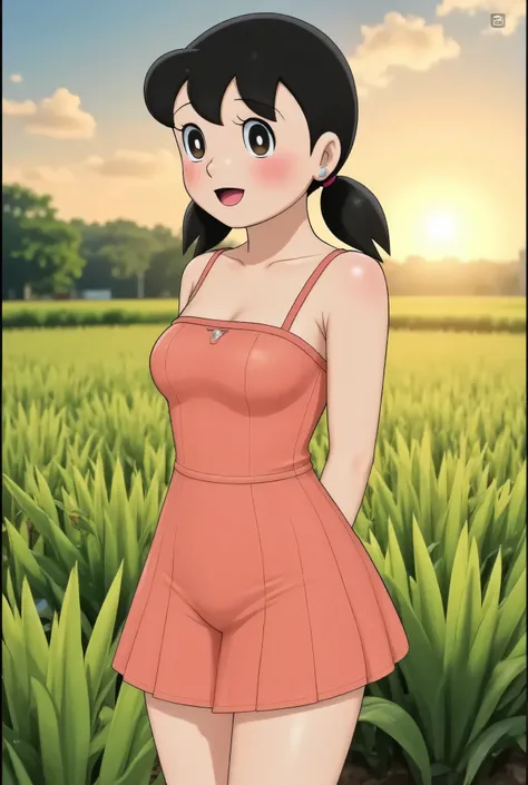 Cute Small, Visible female panties, front posing, ("Facial expression in Happy big Orgasm"), Both hands lying behind the back, (photorealistic:1.6), background rice paddy. Waktu Senja atmosphere, (((please don't showing any finger!!!))), (BARING DIATAS TIG...