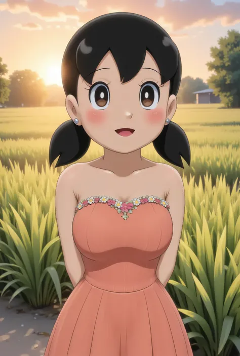 Cute Small, Visible female panties, front posing, ("Facial expression in Happy big Orgasm"), Both hands lying behind the back, (photorealistic:1.6), background rice paddy. Waktu Senja atmosphere, (((please don't showing any finger!!!))), (BARING DIATAS TIG...