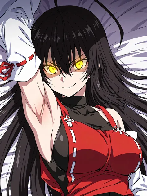 masterpiece, best quality, amazing quality, anime screencap, anime coloring, 1girl, solo, sendai hakurei no miko, black hair, huge ahoge, very long hair, (muscular female:0.8), yellow eyes, glowing eyes, large breasts, leotard under clothes, black leotard,...